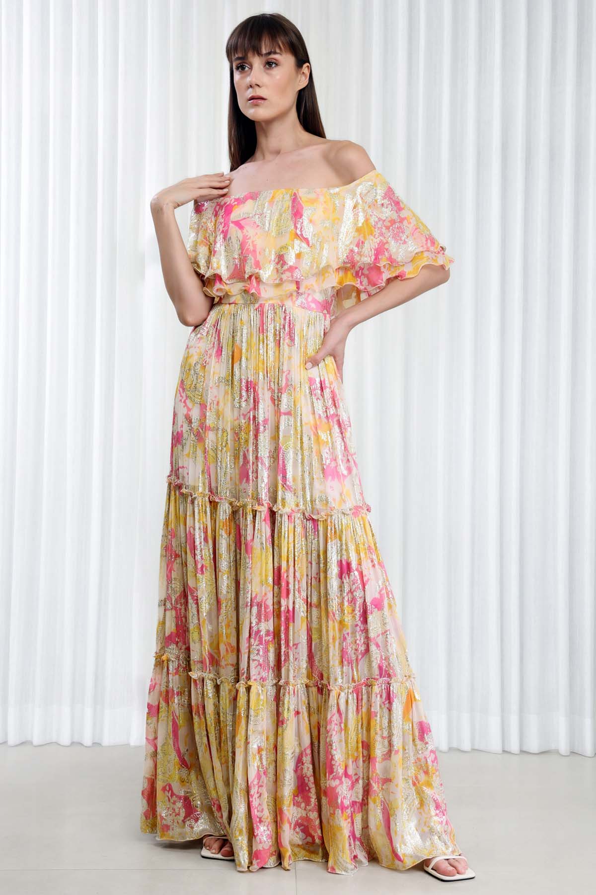 Buy Daisy Printed Off Shoulder Dress by Mandira Wirk